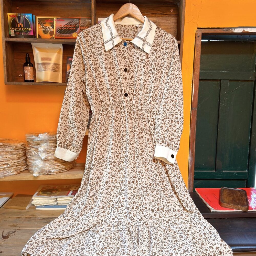 Brown Ditsy Floral Shirt Dress Long Sleeve Cottagecore Midi Dress